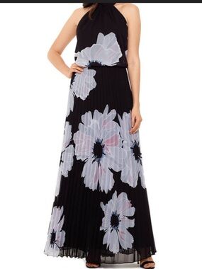 Betsy & Adam Black Maxi Dress with White Floral Design